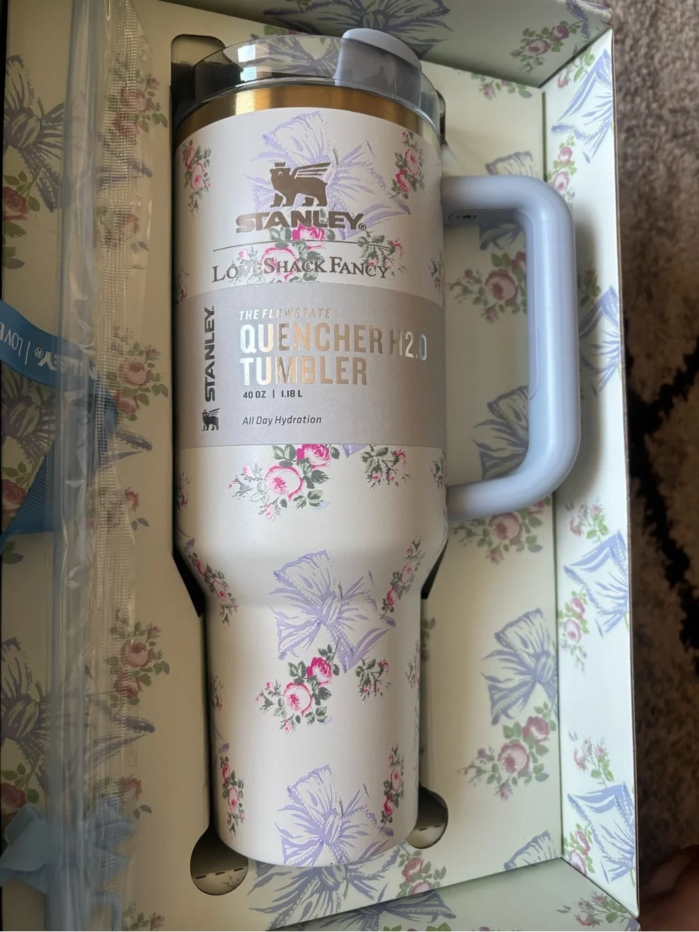 Stanley Quencher Tumbler - Floral Cream with Light Blue Handle